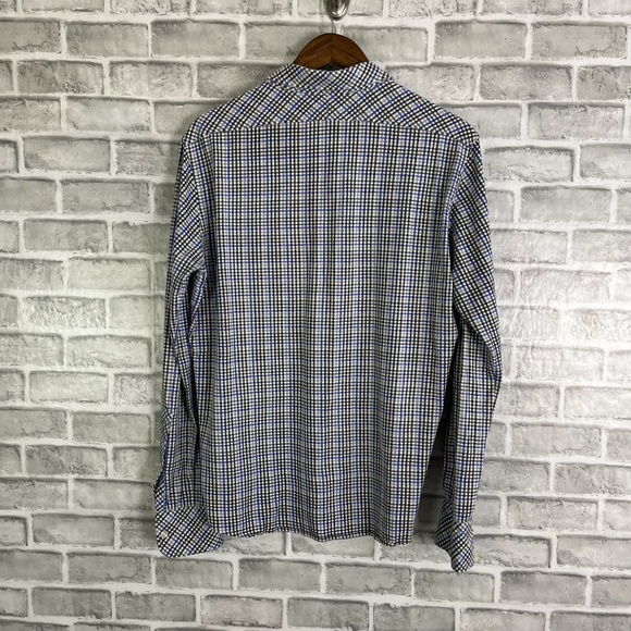 J. Lindeberg Black & Cobalt Plaid Performance Button Up Shirt Mens Large FLAWS - Picture 6 of 9